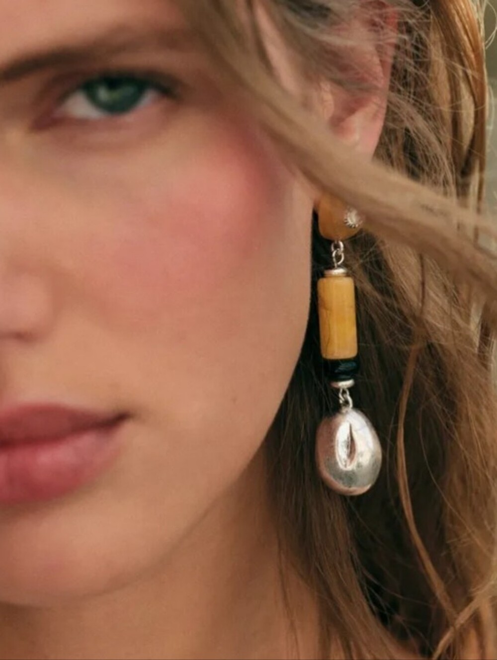 NEW! Unique Yellow Bead & Silver Drop Post Earrings - Women Jewelry